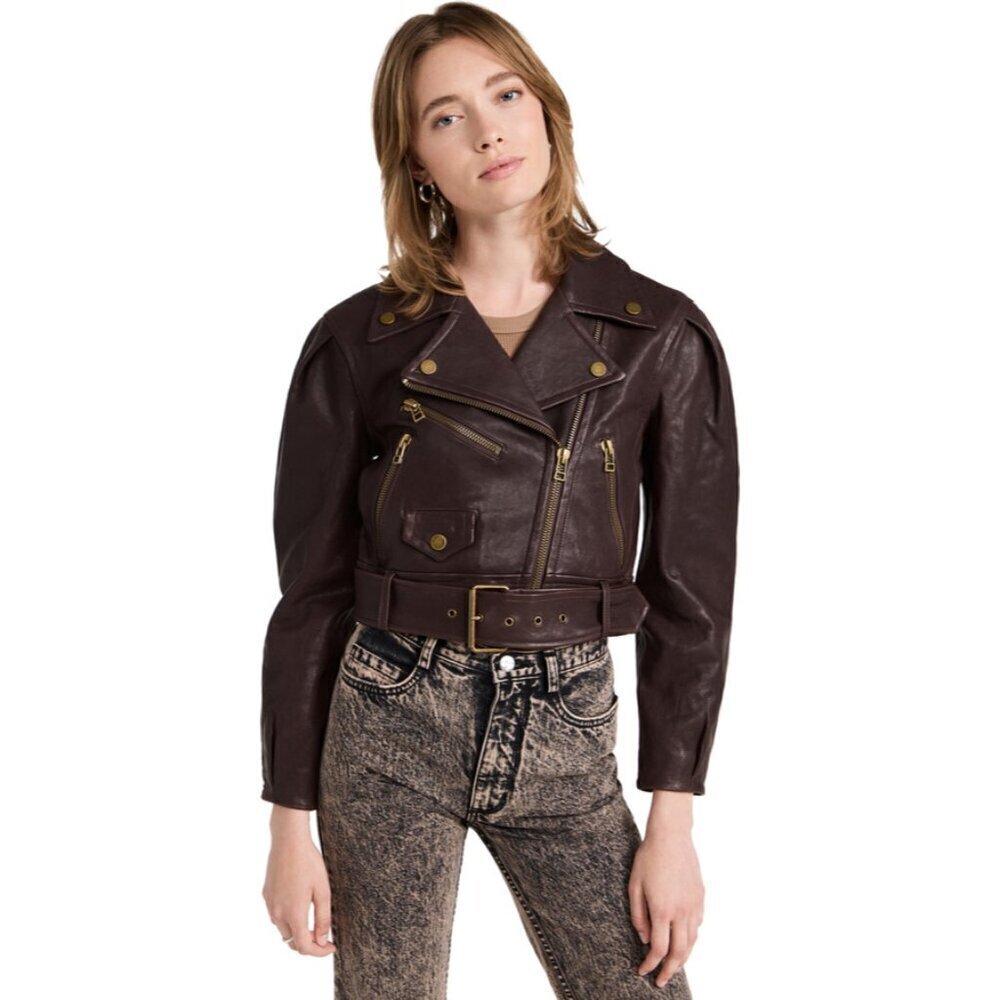 Veronica Beard Marea Leather Moto Jacket in Brown Size 2 NWT